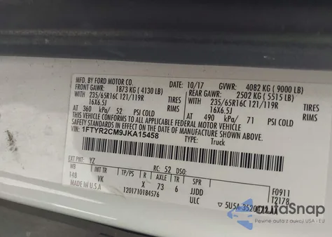 2018 Ford Transit-250 z USA, uszkodzony, nr VIN 1FTYR2CM9JKA15458